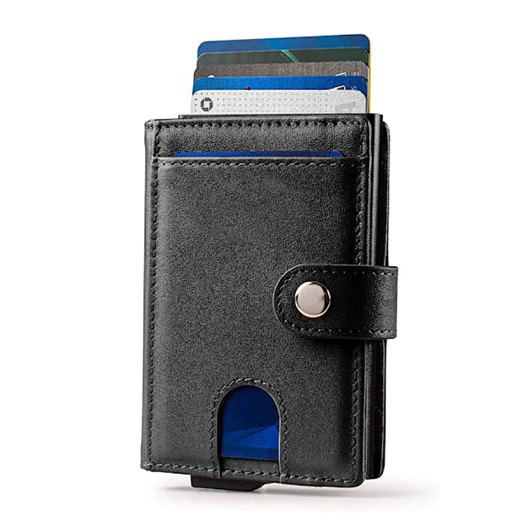Custom Genuine Leather Pop up Wallet Vintage RFID Blocking Anti Theft Automatic Aluminum Credit Card