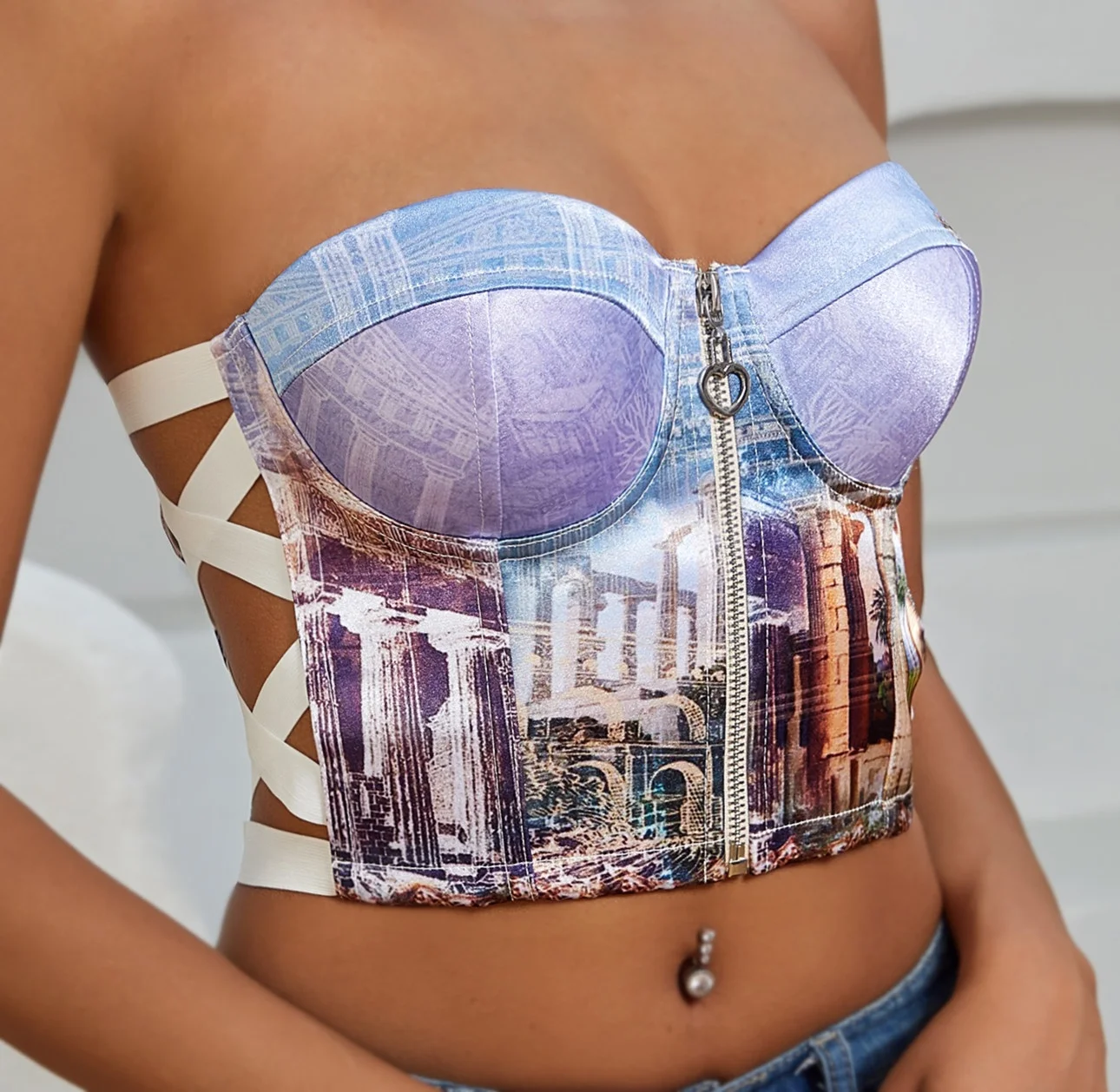 2022 Hot Sale Parthenon Print Corset Top Thick Satin Slim Fit Underwire Bra top Crisscross Side Rubber Zip Front Women Top