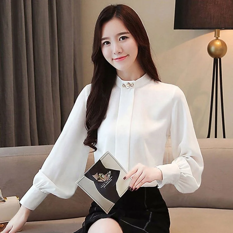 Popular Large Size Chiffon Long Sleeve Office Formal Loose Blouse For Women