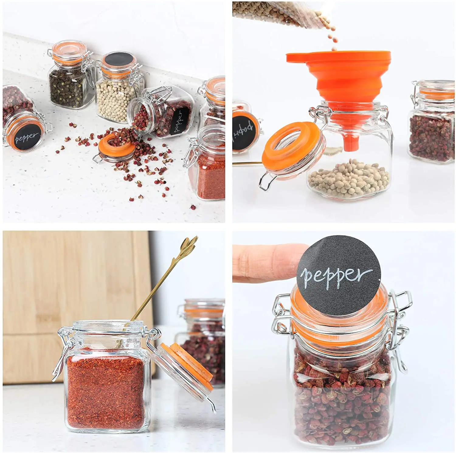 Supplier Empty Square Kitchen Clear Ginger Salt Pepper Container 4oz Glass Spice and Jars with Flip Top Lids