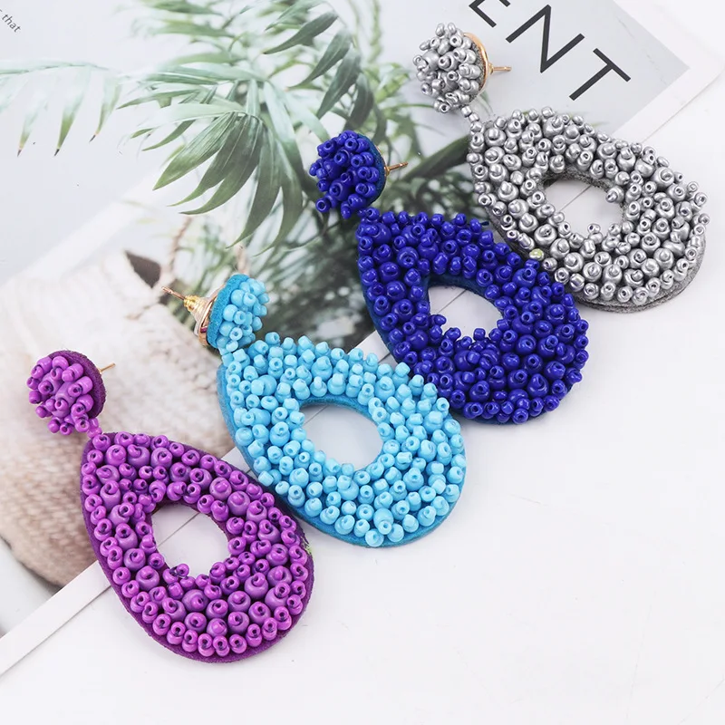 Statement Ethnic Bohemian Single Side Seed Rice Beads Geometric Oval Long Drop Earring for Women Handmade Fashion Jewelry