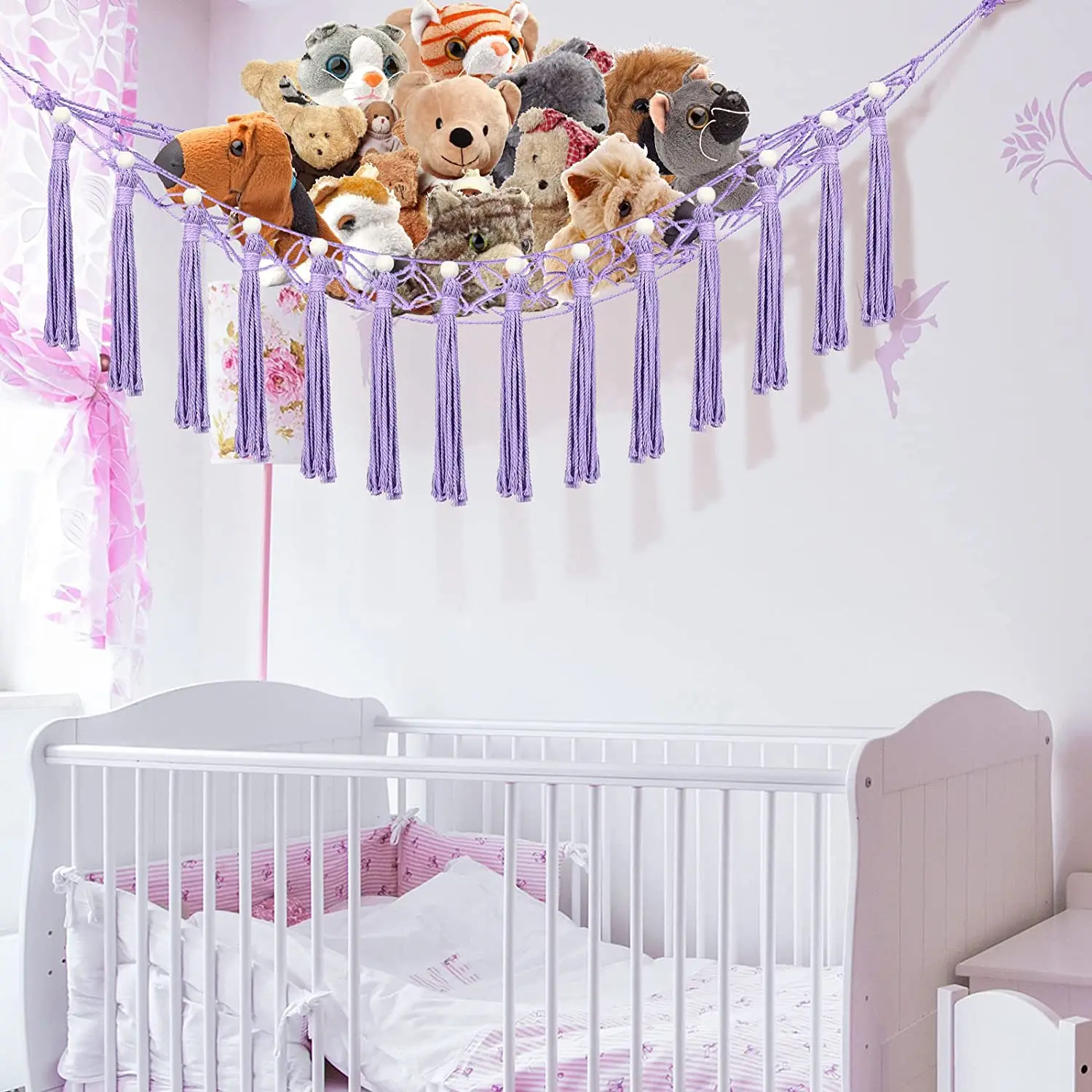 Stuffed Animal Toy Hammock Boho Macrame Hanging Toy Organizer Display Holder Net Wall Corner Toy Storage for Kids Girls Bedroom