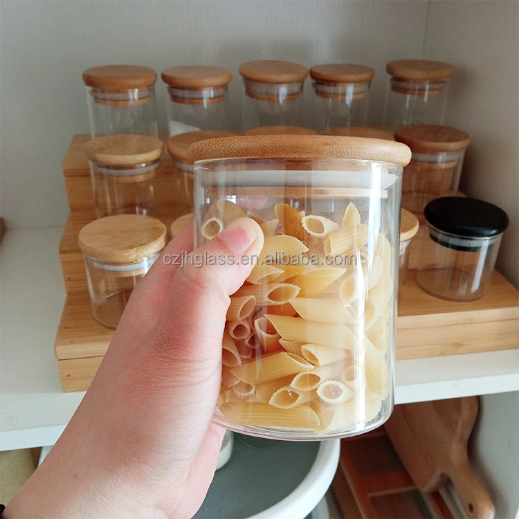 Small Wide Mouth Storage Round Food Clear Custom Borosilicate Glass Jar with Bamboo Lid