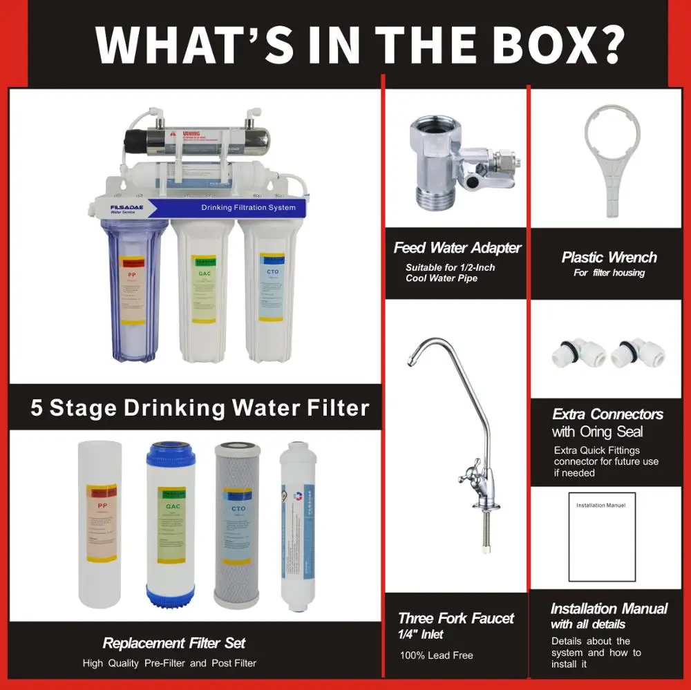 High Quality! 5-Stage Ultraviolet UV Sterilizer Drinking Water Filtration System for RV, Car, Outdoor, Garage, Household etc.