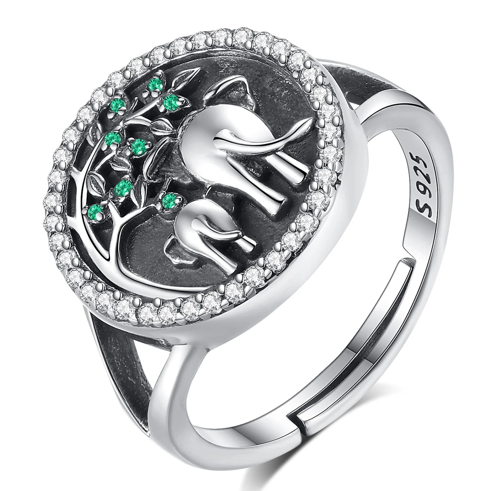 Vintage Green Cubic Zirconia Design 925 Sterling Silver Ring Elephant Mother and Baby Rings for Woman