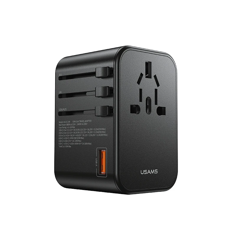 USAMS CC199 Quick Charge 65W GaN US/UK/EU/AU Dual Type-C+USB Universal Super Fast Charging Travel Wall Charger