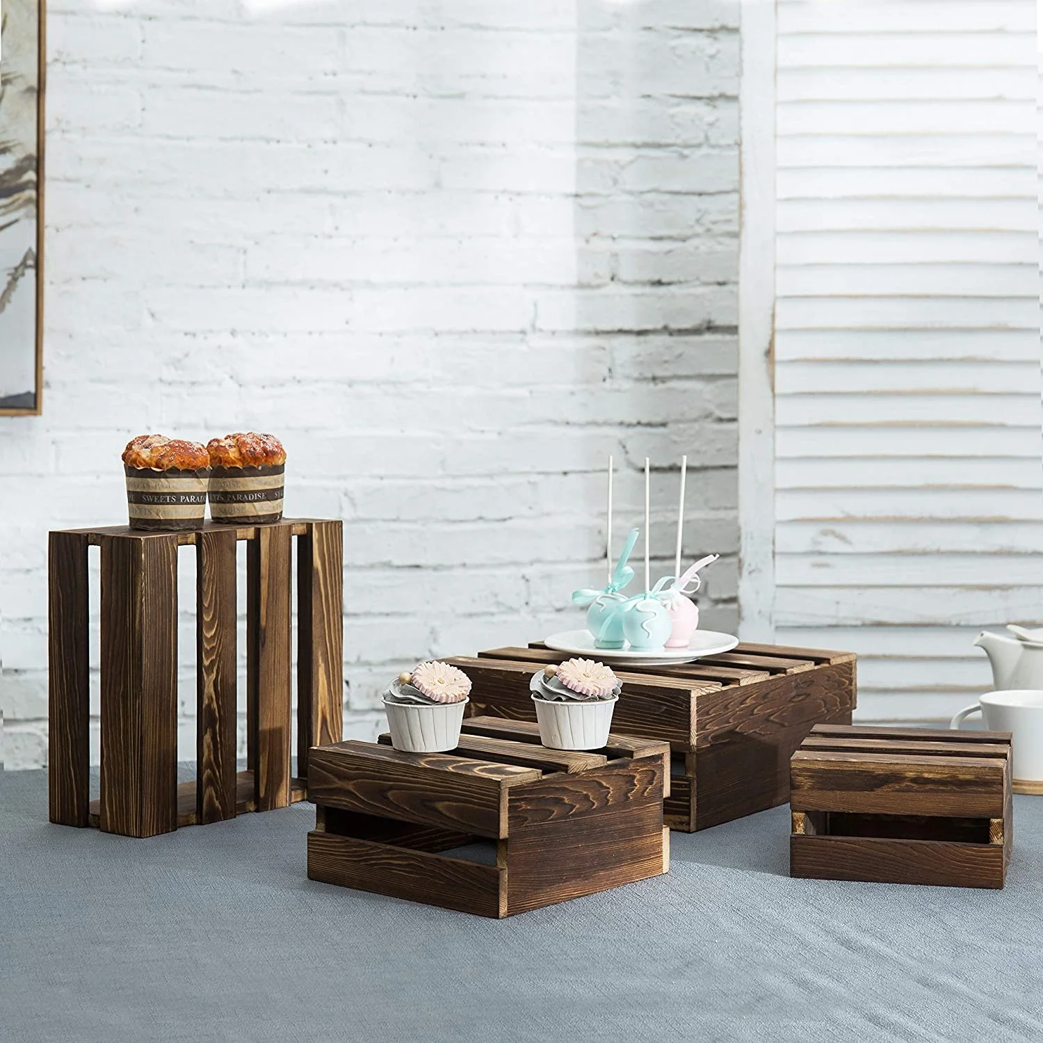 Rustic Brown Wood Cupcake Display Stand Crate Style Appetizer Plate Dessert Cake Stand Set of 4 Fruits & Vegetables Boxes