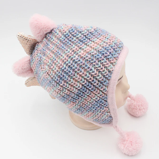 Winter Cute Double Layer Baby Dinosaur Knitted Winter Wool Earflap Hat Girls Ear Muff Hat Wool Beanie For Kids