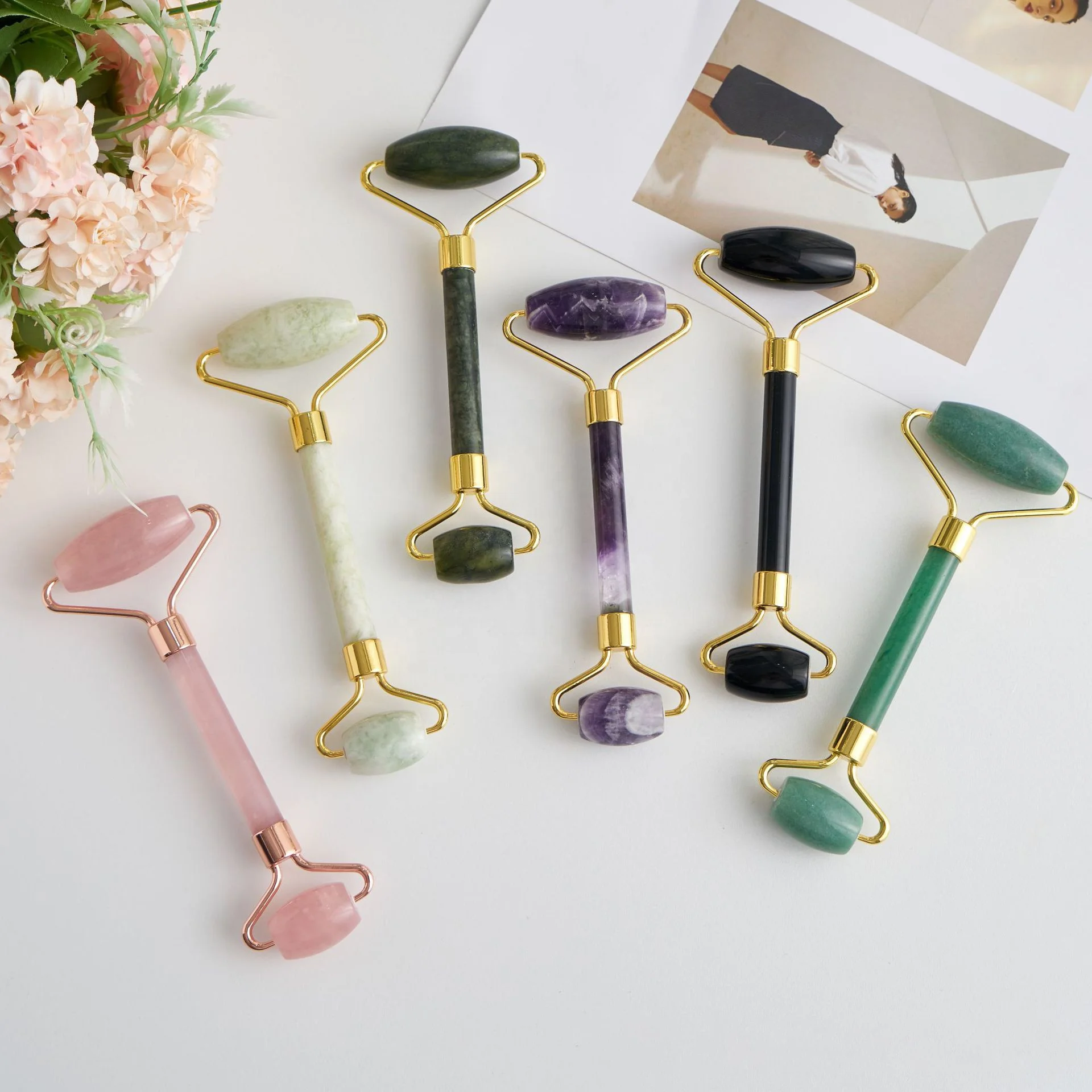 Customize Logo 100% Natural Jade Stone Roller Rose Quartz Face Body Guasha for Massage SPA Beauty Tool