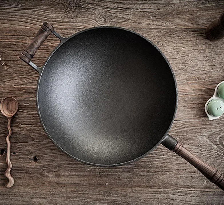 Chinese Preseasoned Cast Iron Wok OEM iron cast iron  Kitchen cookware with Double Handle