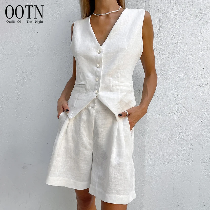 OOTN Women 2 Pieces Elegant Blue V-Neck Slim Tops Fashion Cotton Wide Leg Shorts Suits Vacation Summer White Linen Shorts Sets
