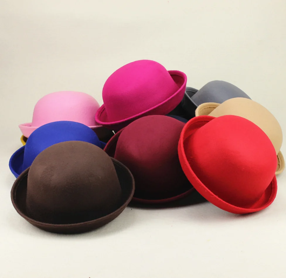 New Classic Wool Bowler Hats Derby Fedora Bucket Caps Kids Roll-up Brim Round Hats Winter Warm Felt Fedora Hats for Unisex