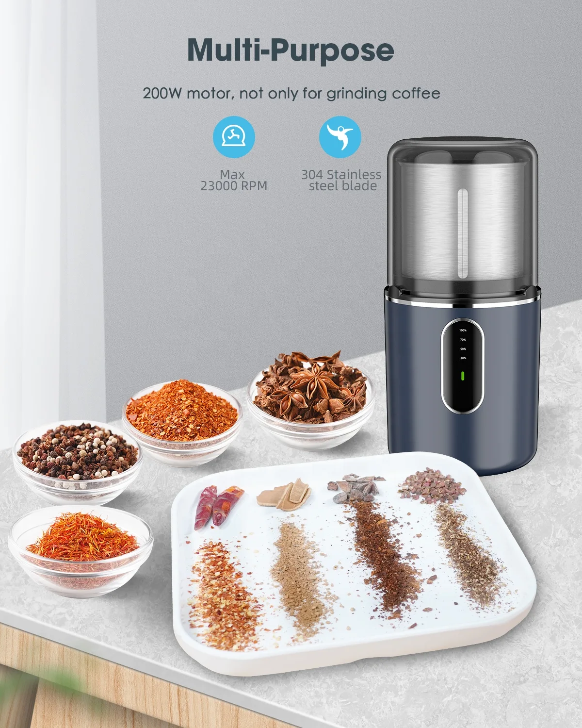 
Chargable Cordless Portable Coffee Grinder with Stainless Steel Blade & Detachable Bowl, 2.5oz/12 Cups 