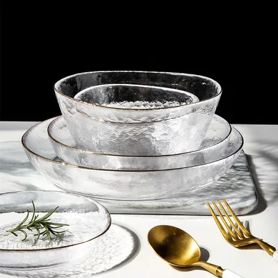 Japanese Creative Fruit Salad Bowl Clear Glass Plate Hammered Gold Rim Dinnerware Tableware Set