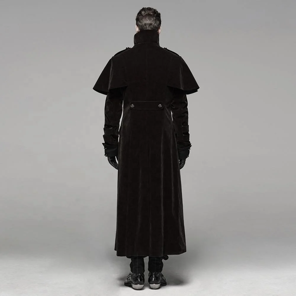PUNK RAVE WY-1087  Uniform Stand Collar Velvet Long Coat Spliced Leather Button Men Winter Overcoat