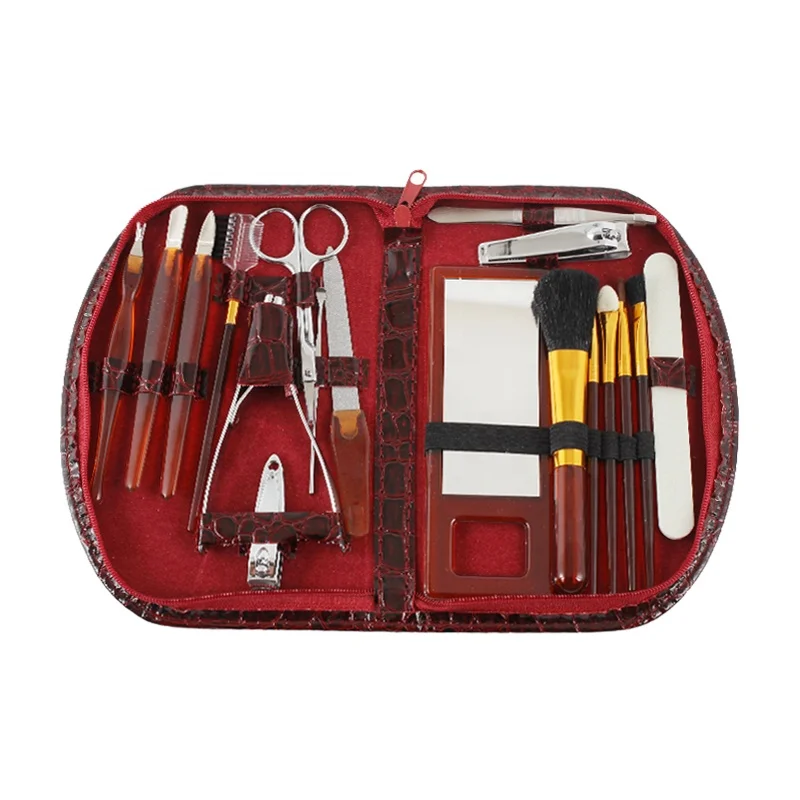 Professional 18pcs Manicure Set Nail Clipper Pedicure & Makeup Brush Kit Eye and Face Grooming Nail Tools with Leather Bag