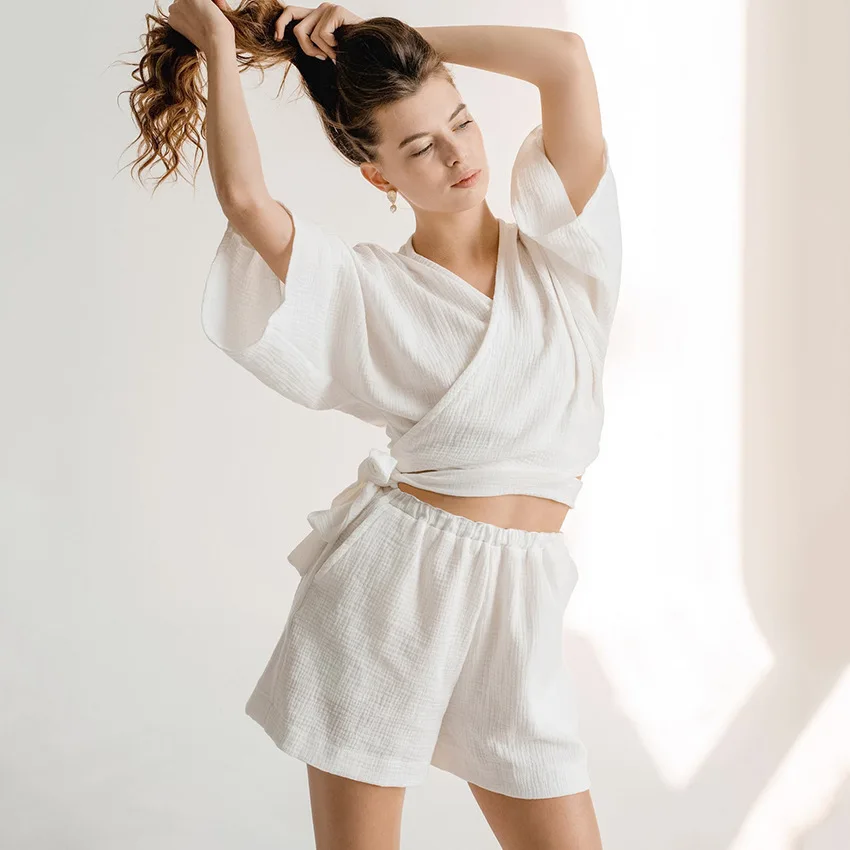 Pure Color Female Girl Shorts  V-Neck Pajamas Set Women Pyjamas 100%Cotton Pajamas Sets Home Wear