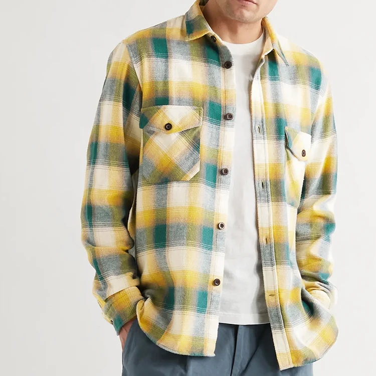100% cotton two pocket men formal  work shirt long sleeve streetwear yellow and green Utility flannel  vintage shirt with pocket