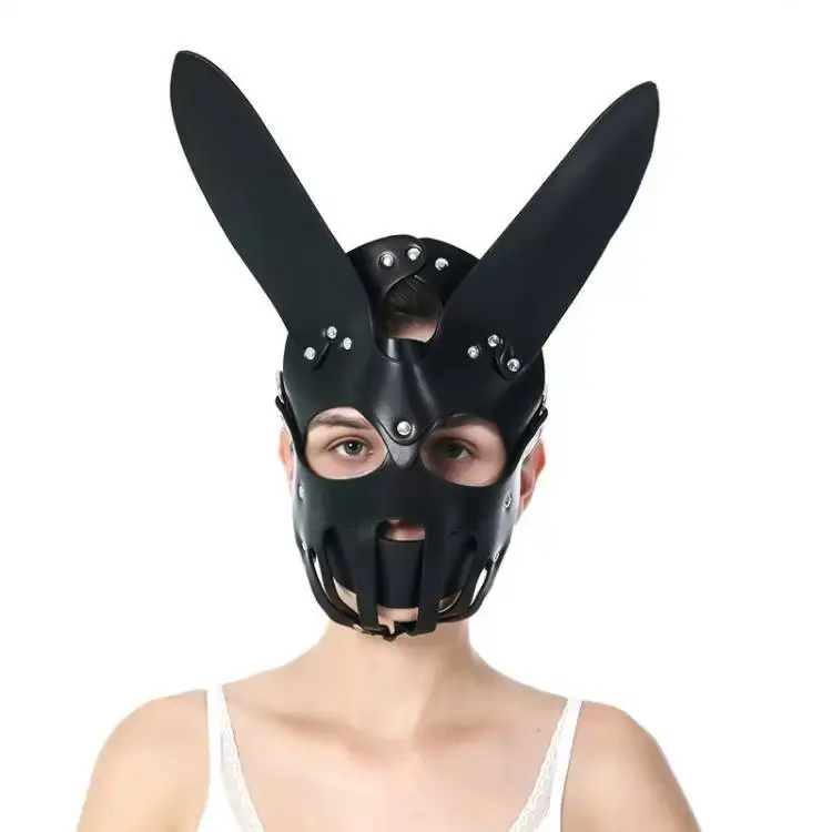 Sexy Black Leather Bondage  Adult Sex Foreplay Full Face Party Rabbit Ears Mask