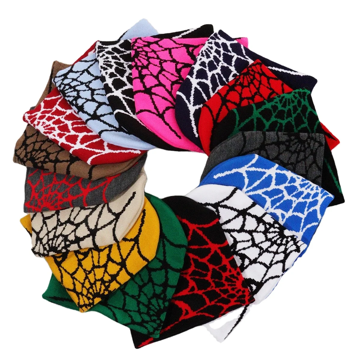 New y2k skull hat customized candy color cap letter jacquard knitted custom manufacturer Warm Spider Web Jacquard Beanie Hip Hop