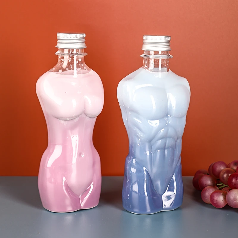 Luxury Beverage Packaging Bottles Set PET 500ml 200ml Women Female Body Shaped Bottle with Aluminum Lid
