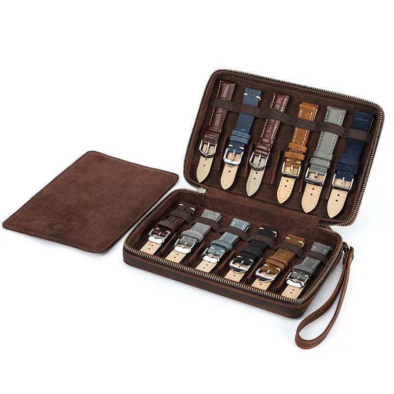 Custom logo Retro Crazy Horse Cowhide Leather Watch Strap Storage Box Watch Packaging Watch Strap Storage Display Case