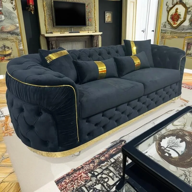 Premium Velvet Fabric Couch 3 Seater Black Sofa With Golden Stainless Steel Base Decoration
