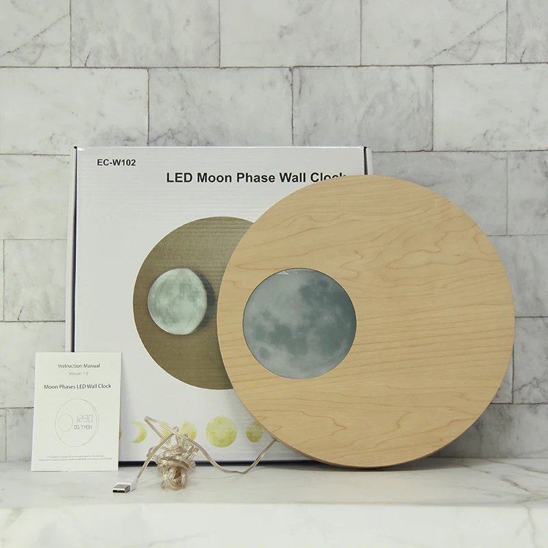 EMAF 12 inch large luxury LED simulation Moon Phases wooden LED digital wall clock minimalist decorative modern wall clock