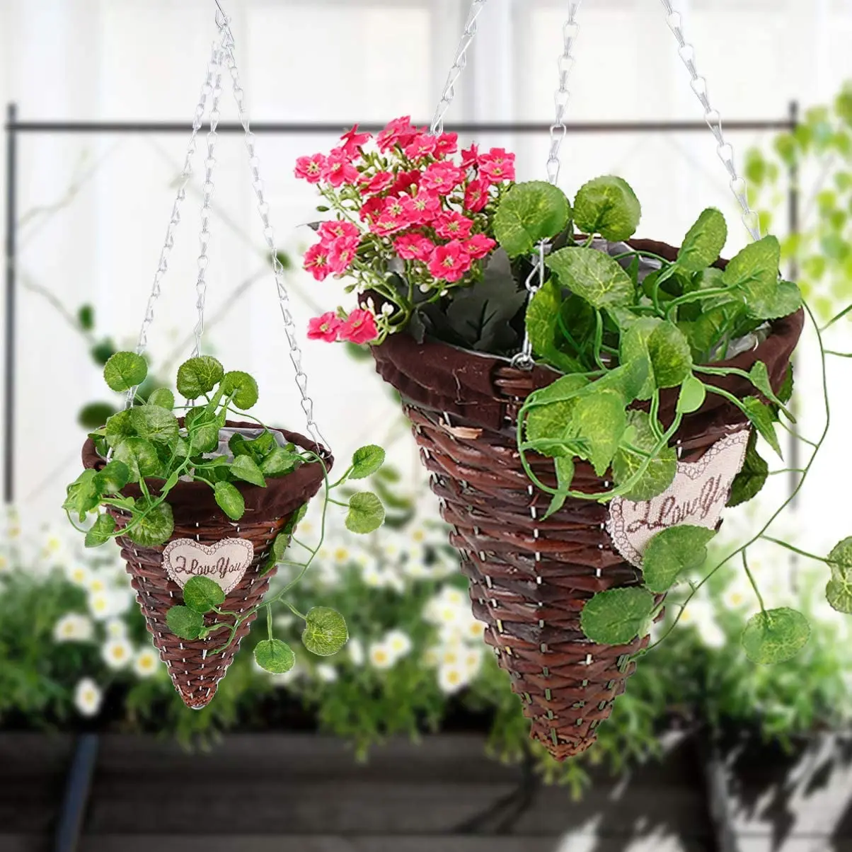 Rurality Wicker Cone Hanging Planter Garden Flowers Plant Pots Basket Cone Hanging Basket