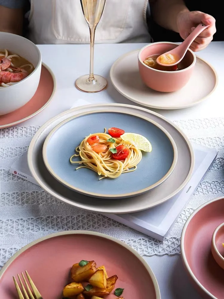 Hot selling Rustic grace designs japanese speckle galzed round porcelain pasta steak serving plates