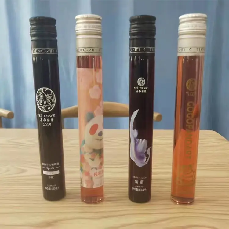 wholesale Mini empty 50m 100ml Alcohol Spirit Liquor Glass Bottle with screw aluminum lid long glass tube for alcohol drinks