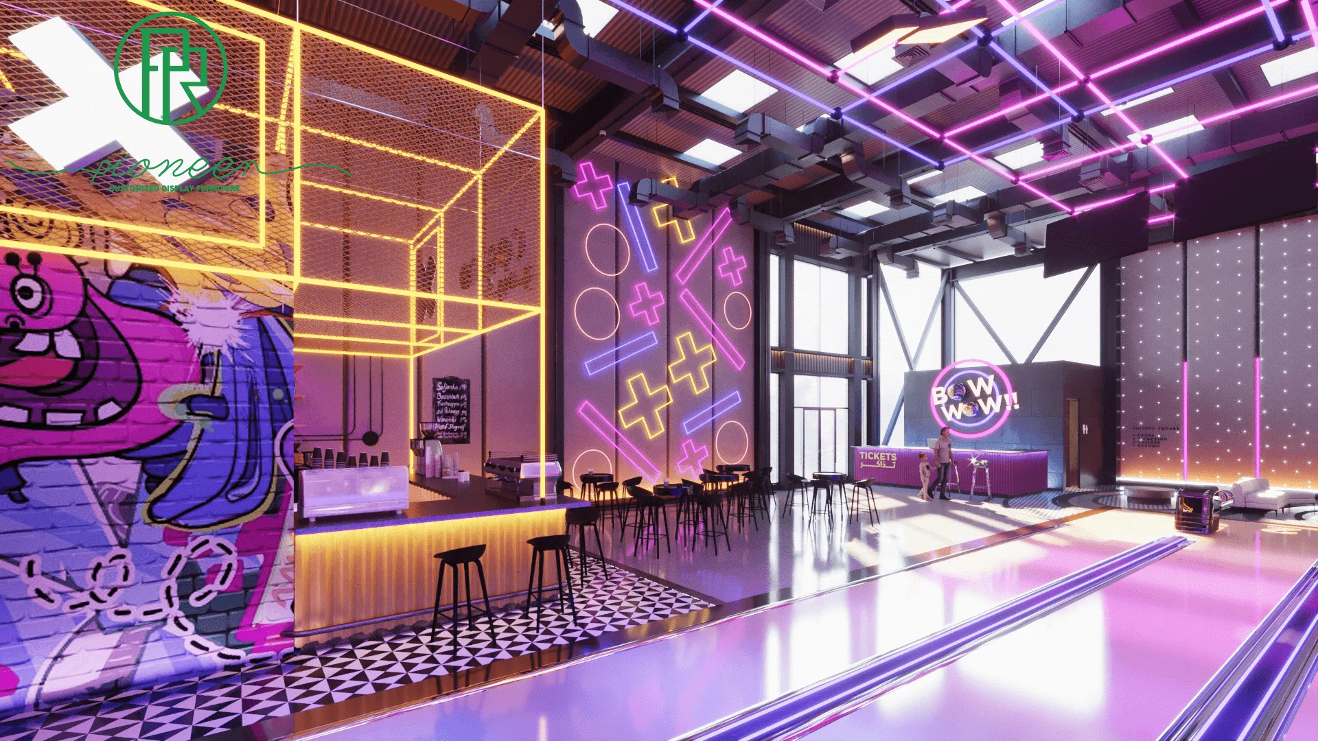 Amazing bowling alley design custom bowling center bar counter bowling restaurant lounge furniture