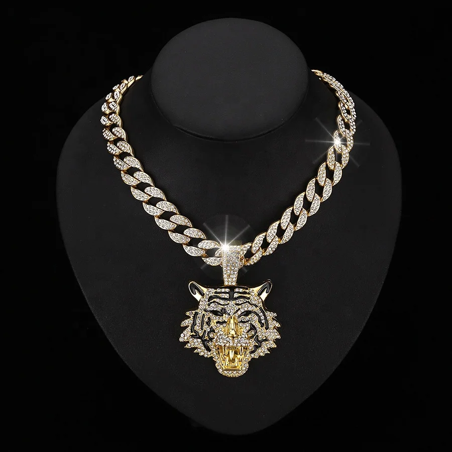Iced out hip hop 15MM big miami cuban chain with alloy and bling rhinestone tiger head pendant necklace