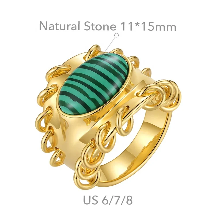 Latest High Quality 18K Gold Plated Brass Jewelry Malachite Metal Charm Natural Stone Accessories Ring R214105