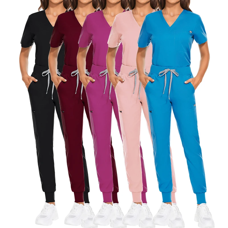 2023 New Style Women Hospital Scrub Uniform Sets Nurse Workwear UniformClothes Scrub Sets Stretch Spandex Navy Blue for Hospital