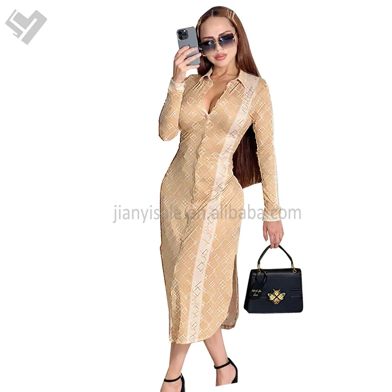 2023 New Arrival Autumn Women Designer Print Long Sleeve Blouse Shirt Dress Brand Luxury Button Down Elegant Maxi Fall Dress