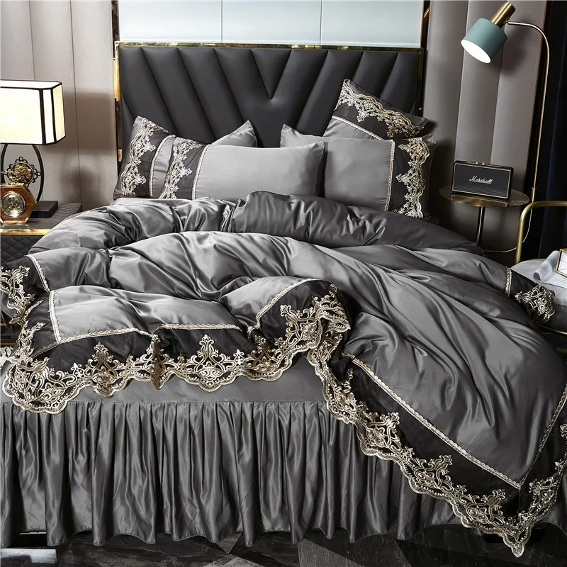 Washed silk four piece bed skirt Heavenly Moselle lace lace four piece bed sheet and duvet cover