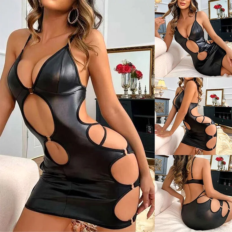 High Quality Black Pu Leather Sexy Hollow Out Mature Women Sexy Nighty Costume Leather Lingerie
