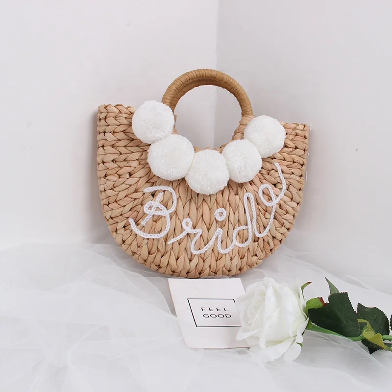 NY women travel beach tote summer handmade corn husk ladies bag accessories personality  bride wifey handbag pompom straw bag
