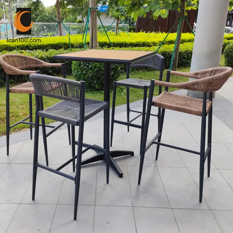 Rope Weave Outdoor Cafe Bar Tall Chair High Bar Stool High Back Chair Brown Dining Chair