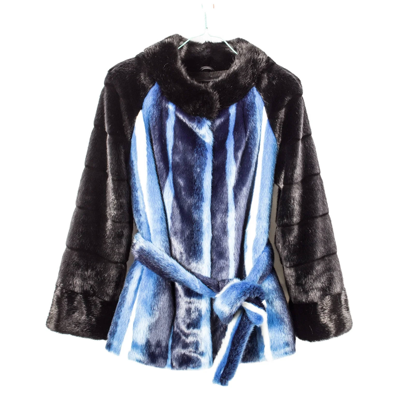 Founder Winter Women Trendy Style Blue And Black Warm Elegant Faux Mink Fur Coat