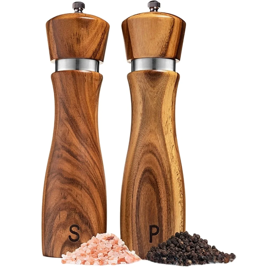 8' Salt and Pepper Grinders Set Acacia Wooden Shakers Ceramic Rotor with Strong Adjustable Coarseness for Kitchen Supplies