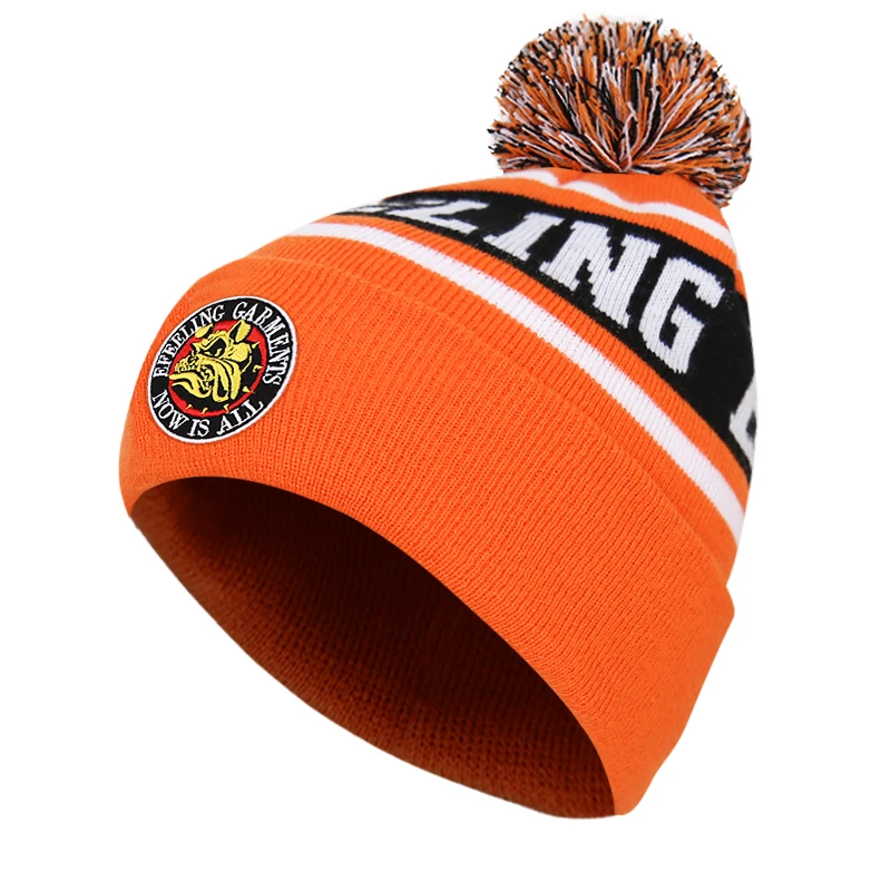 Bobble Hat Orange Black Custom Embroidered Logo Warm Wool Outdoor Skiing Beanie With Pom