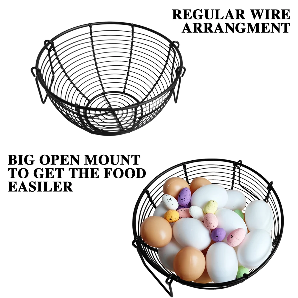 Round Shaped Vintage Egg Holder Organizer Retro Metal Wire Matt Black 2 Handles Wire Basket for Egg Collecting