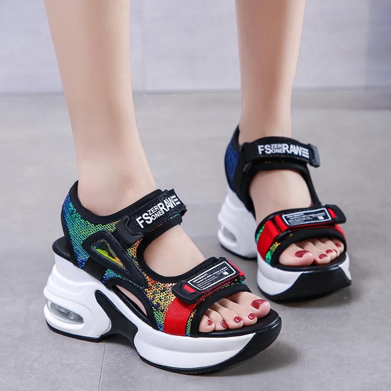 2020 Summer Chunky Sandals Women Wedge High Heels Shoes Female Buckle Platform Leather Casual Summer Women Fashion Sandals