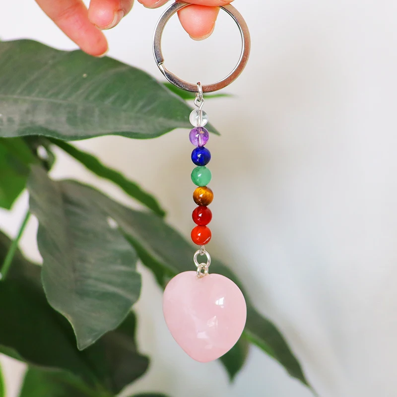 Wholesale raw crystal heart keychain rose quartz Personalized Heart-shaped Crystal Key chains