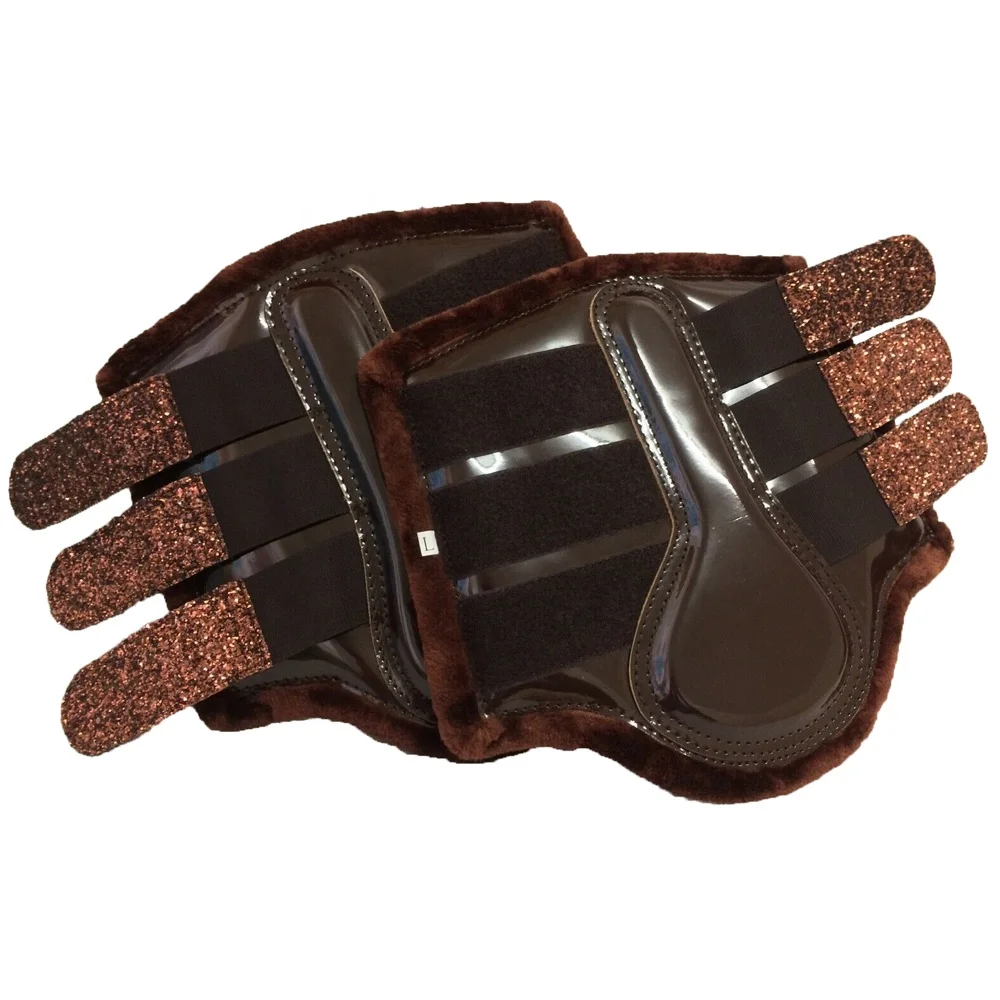 TENDON DRESSAGE EXERCISE FLAT BROWN FLEECE LINED SPARKLY GLITTER BRUSHING BOOTS