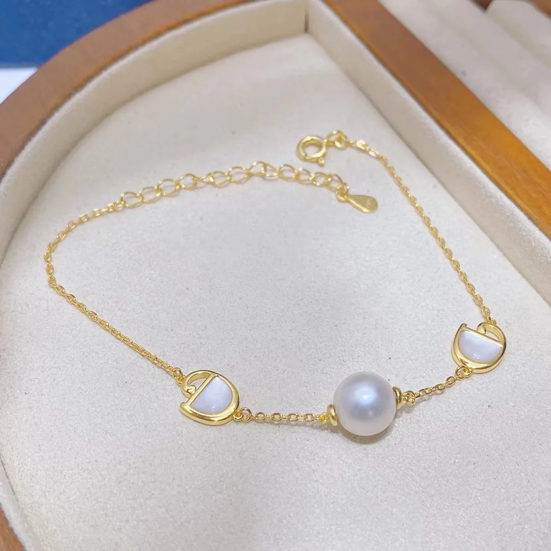 B303 8-9mm  925 sterling silver gold plated wholesale freshwater pearl charm bracelet  bangle fancy jewelry for women