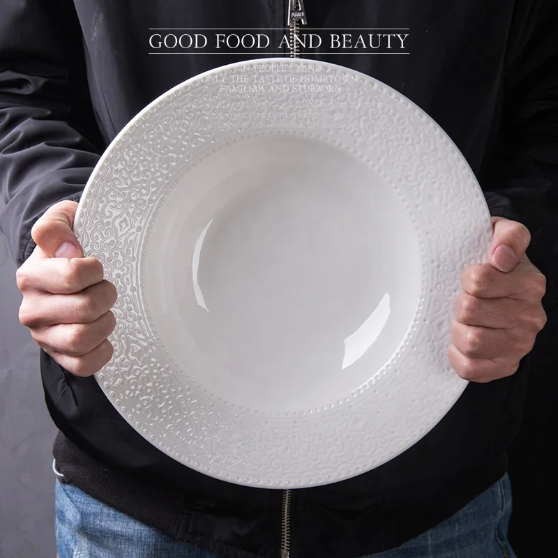 
Household Restaurant White 11Inch Ceramic Embossed Appetizer Steak Bread Pasta Plates Porcelain Serving Tray Dinnerware Dish 