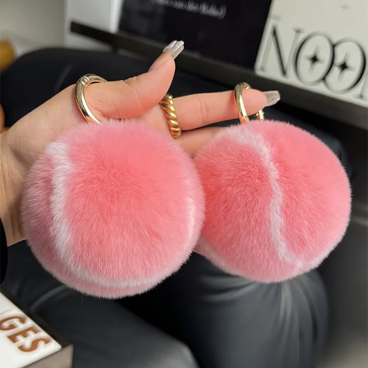 Genuine Rex Rabbit Fur Tennis Ball Car Keychain Pendant Ins Plush Ball School Bag Pendant